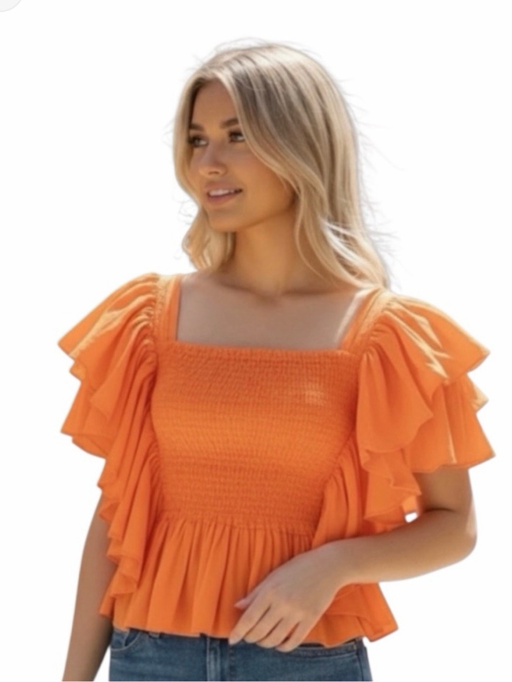 MISA Smocked Square Neck Ruffle Top